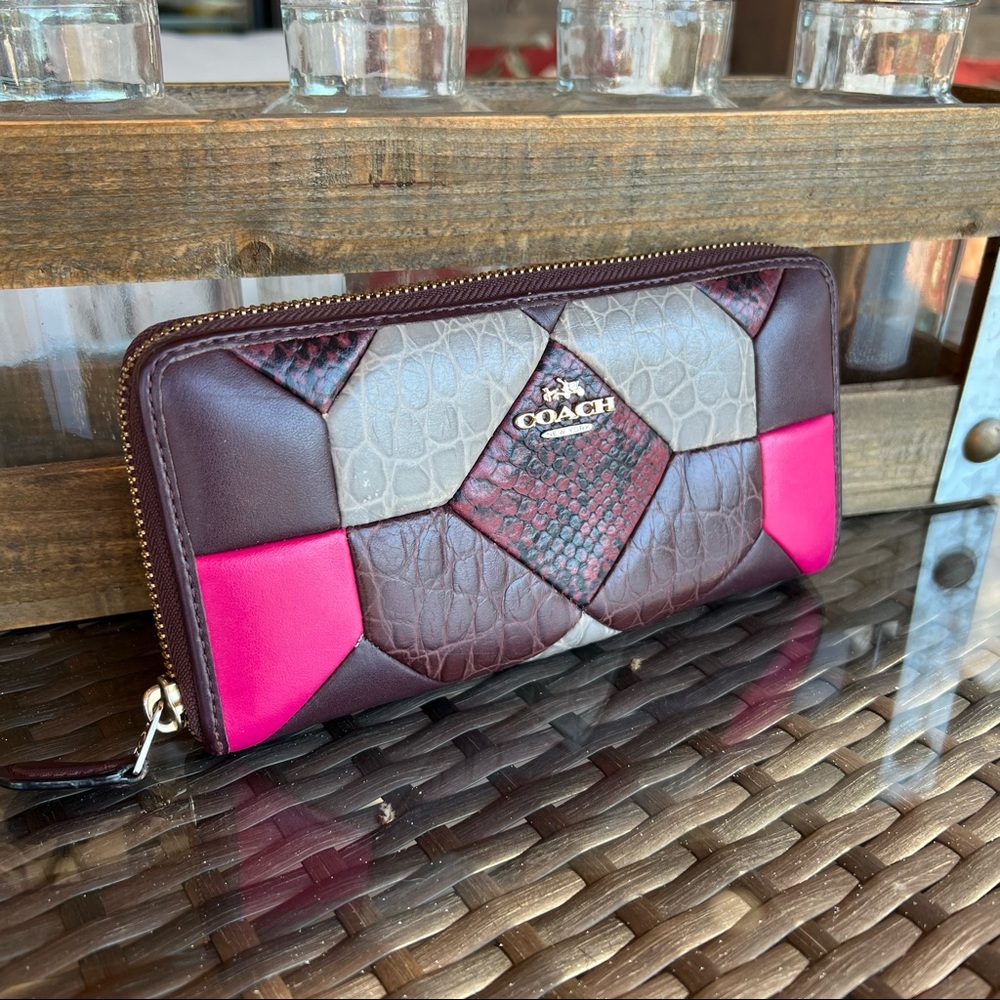 Coach Quilted Large Accordion Zip Wallet Oxblood Exotic Leather
